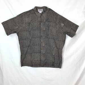 Back East Hand Block Printed Shirt L Black Beige Short Sleeves Basket Weave